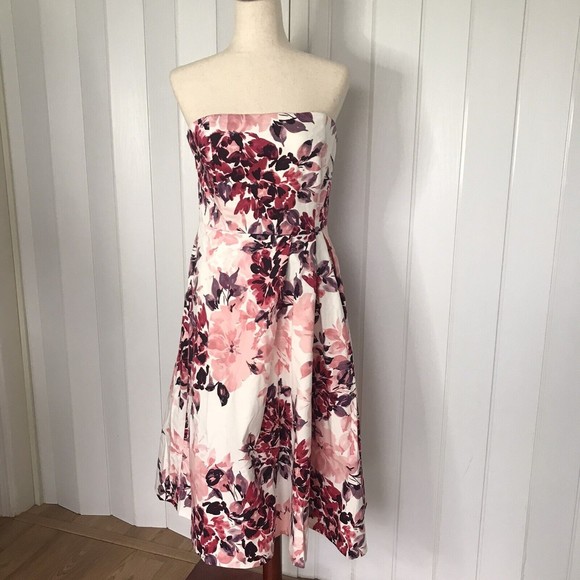 White House Black Market Dresses & Skirts - WHBM Size 10 Strapless Cocktail Dress White Pink Multi Floral w/Tulle A-Line NWT